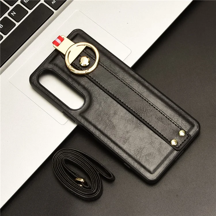 Para Sony Xperia 1 VI Case Wristband Finger Loop Leather Coated PC+TPU Phone Cover - Preto