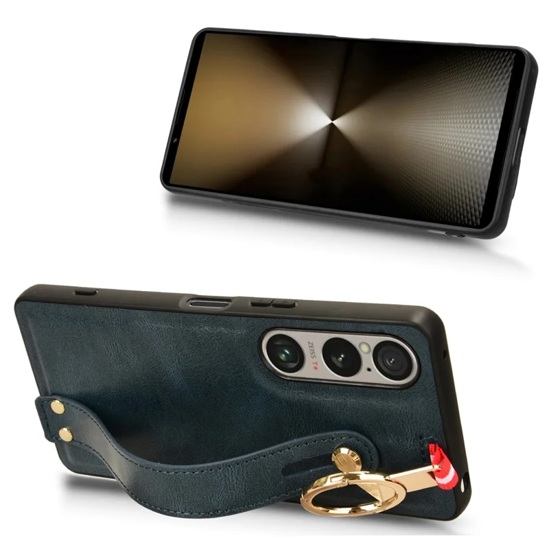Para el caso del Sony Xperia 1 VI Pulsera Bucle de dedo Cubierta de teléfono de PC+TPU con revestimiento de cuero - Azul