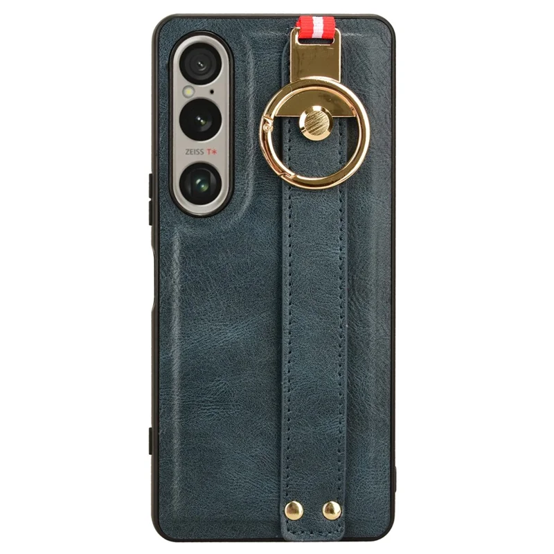 Para el caso del Sony Xperia 1 VI Pulsera Bucle de dedo Cubierta de teléfono de PC+TPU con revestimiento de cuero - Azul