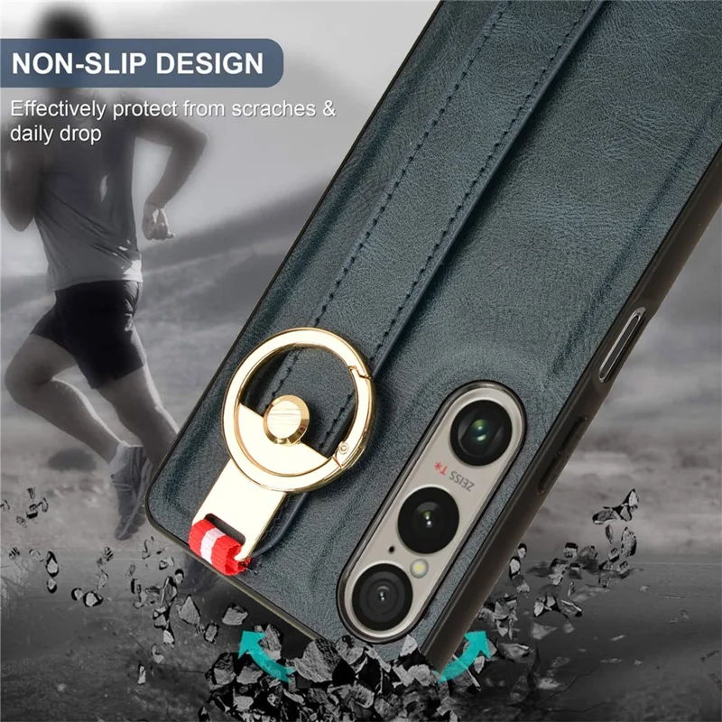 Para el caso del Sony Xperia 1 VI Pulsera Bucle de dedo Cubierta de teléfono de PC+TPU con revestimiento de cuero - Azul