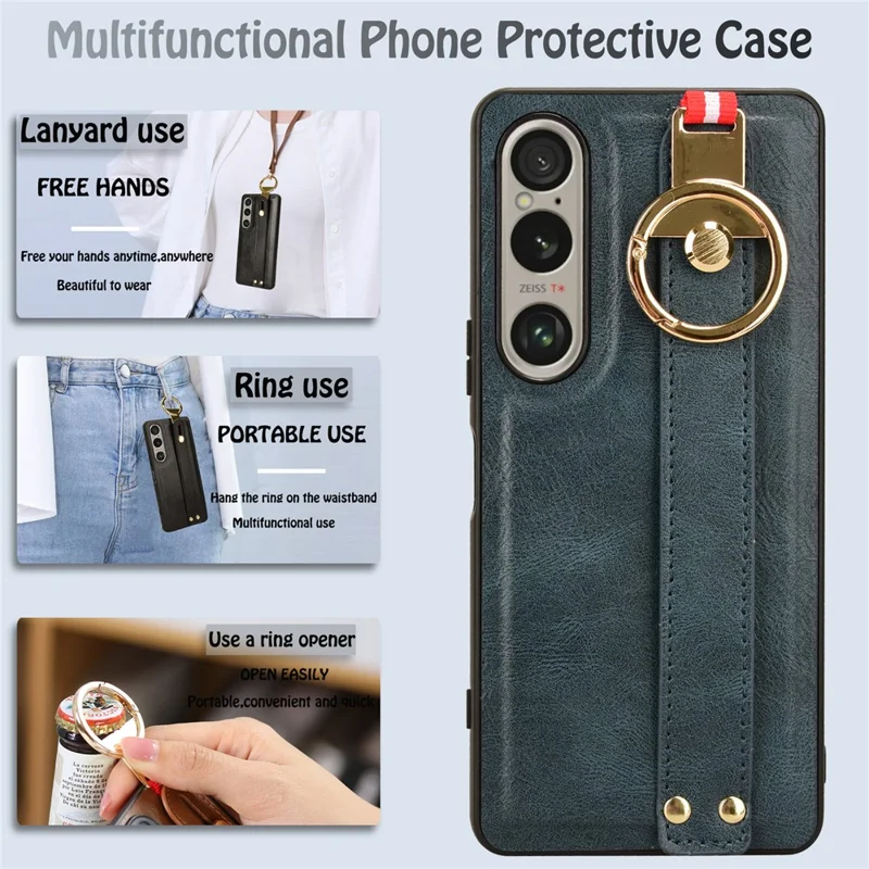 Para el caso del Sony Xperia 1 VI Pulsera Bucle de dedo Cubierta de teléfono de PC+TPU con revestimiento de cuero - Azul