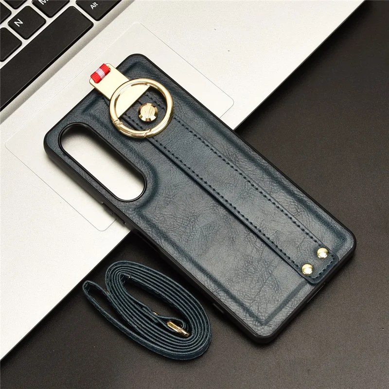 Para el caso del Sony Xperia 1 VI Pulsera Bucle de dedo Cubierta de teléfono de PC+TPU con revestimiento de cuero - Azul