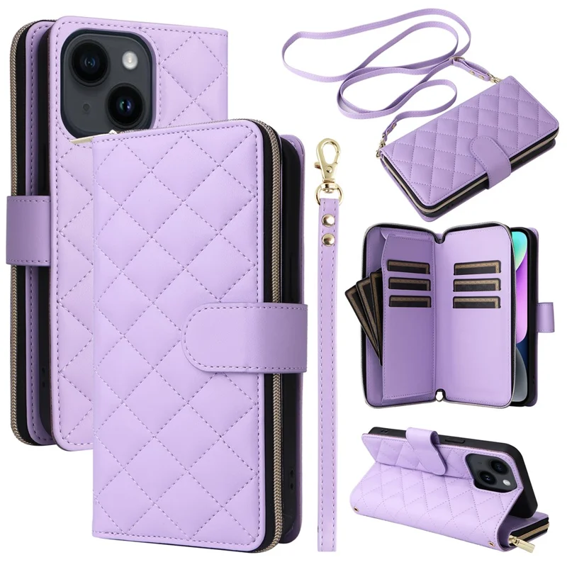 For iPhone 14 / 13 Case Rhombus Zipper Leather Stand Wallet Phone Cover with 2 Straps - Purple