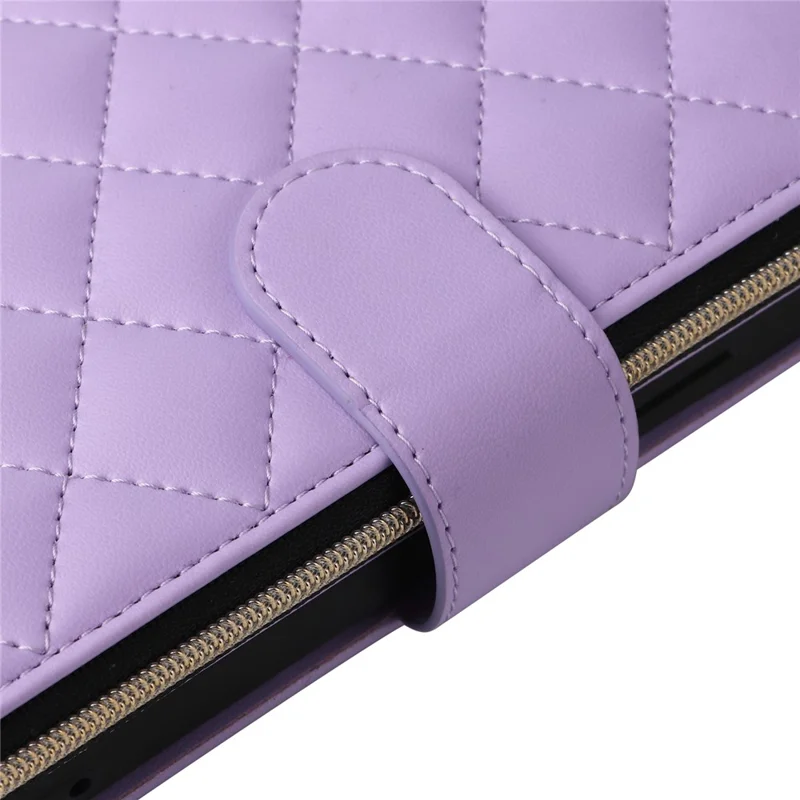 For iPhone 14 / 13 Case Rhombus Zipper Leather Stand Wallet Phone Cover with 2 Straps - Purple