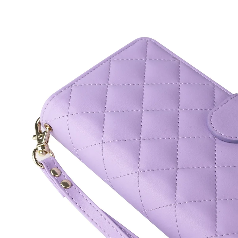 For iPhone 14 / 13 Case Rhombus Zipper Leather Stand Wallet Phone Cover with 2 Straps - Purple