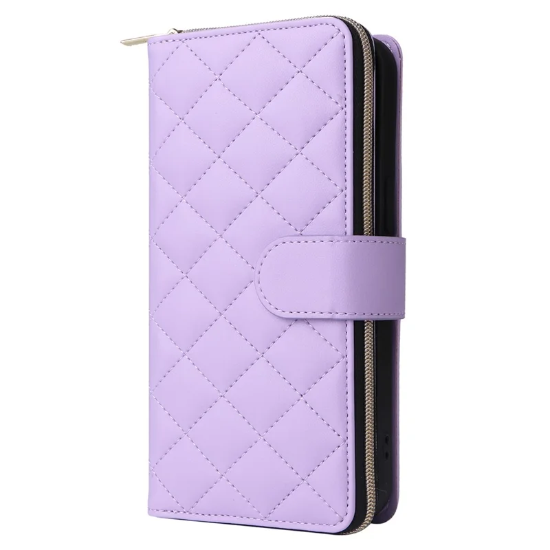 For iPhone 14 / 13 Case Rhombus Zipper Leather Stand Wallet Phone Cover with 2 Straps - Purple
