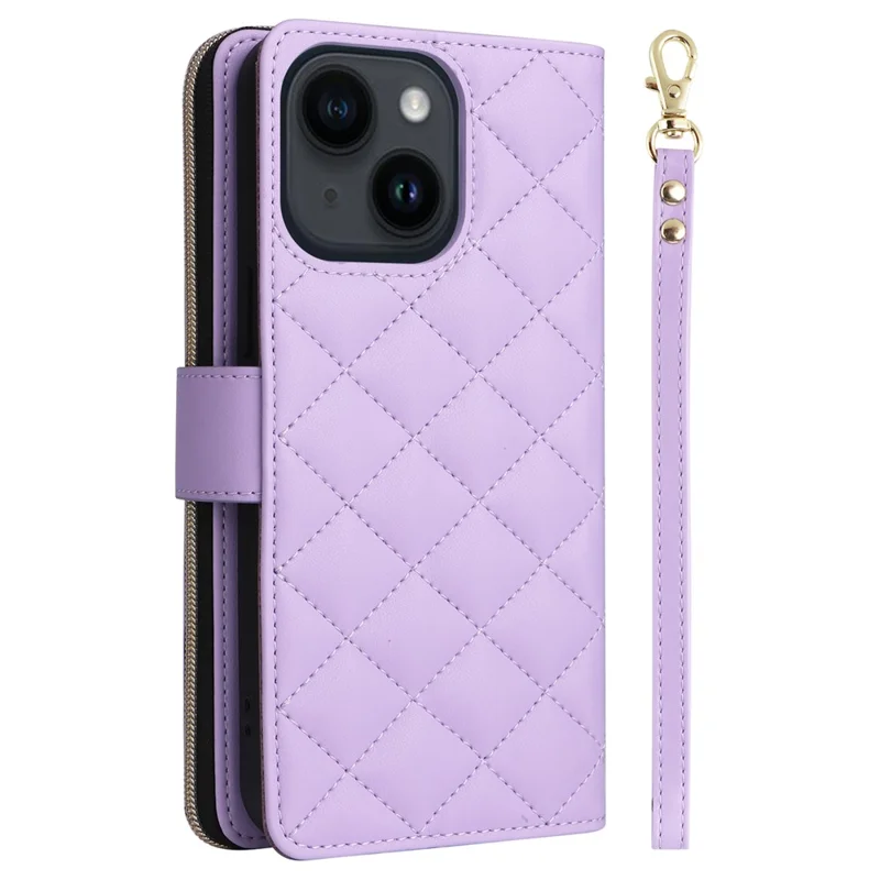 For iPhone 14 / 13 Case Rhombus Zipper Leather Stand Wallet Phone Cover with 2 Straps - Purple