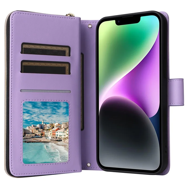 For iPhone 14 / 13 Case Rhombus Zipper Leather Stand Wallet Phone Cover with 2 Straps - Purple