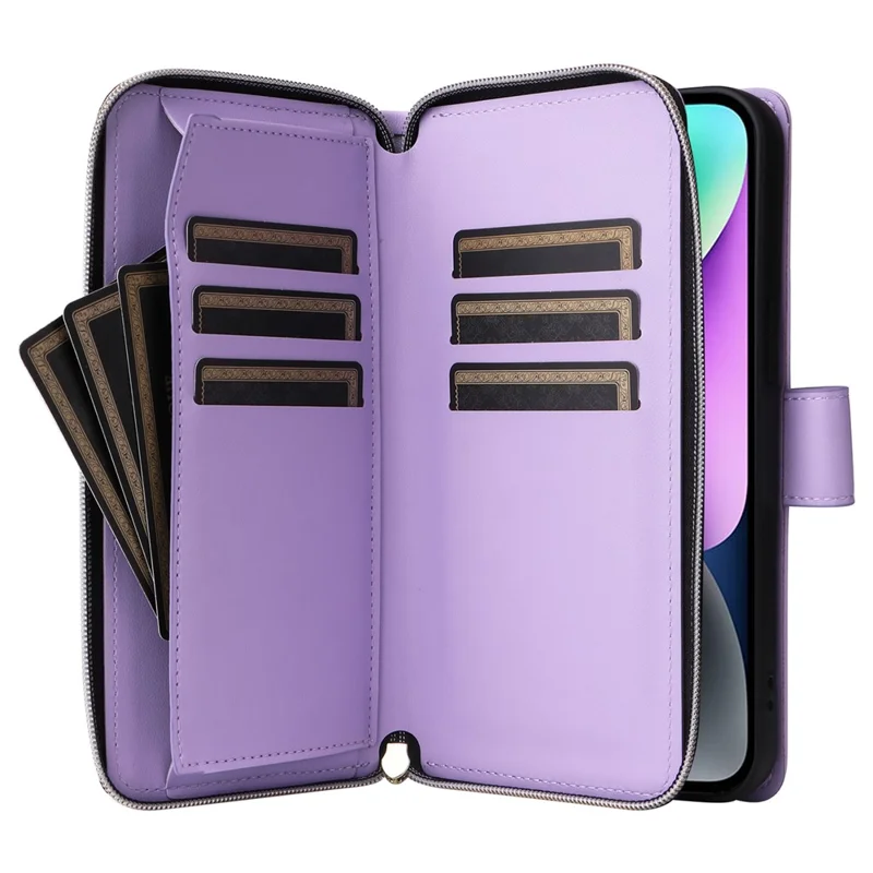 For iPhone 14 / 13 Case Rhombus Zipper Leather Stand Wallet Phone Cover with 2 Straps - Purple