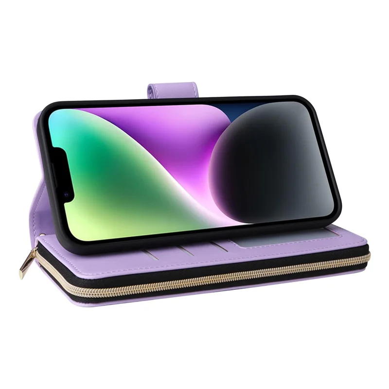 For iPhone 14 / 13 Case Rhombus Zipper Leather Stand Wallet Phone Cover with 2 Straps - Purple