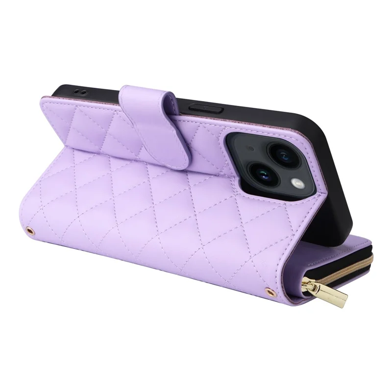 For iPhone 14 / 13 Case Rhombus Zipper Leather Stand Wallet Phone Cover with 2 Straps - Purple