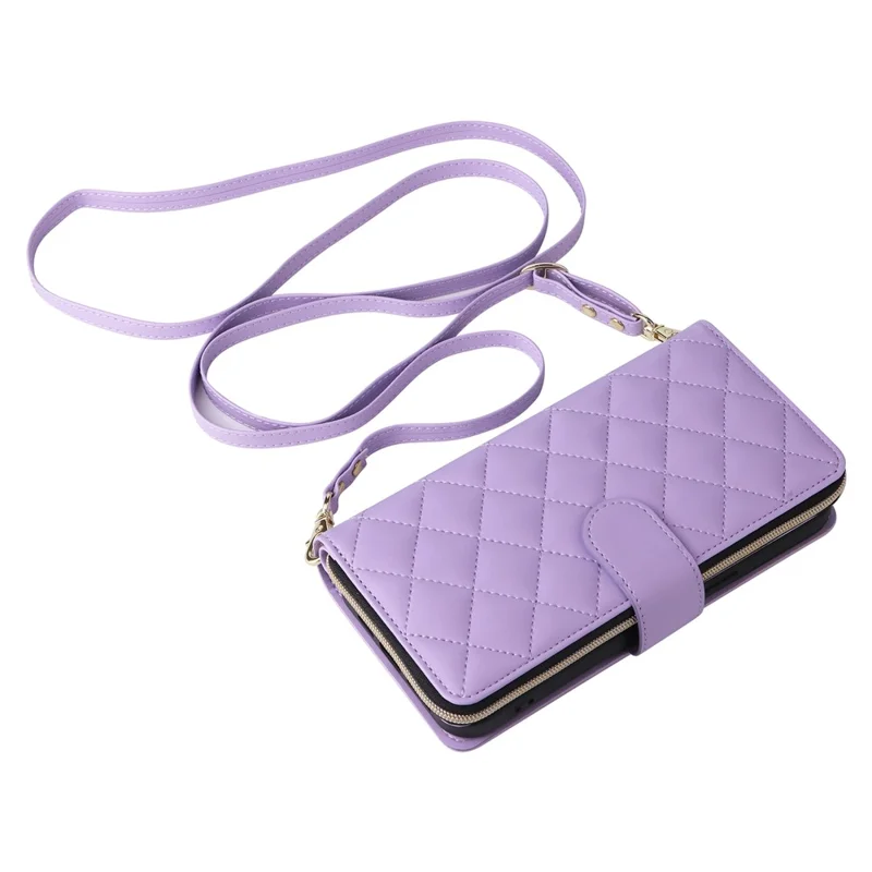 For iPhone 14 / 13 Case Rhombus Zipper Leather Stand Wallet Phone Cover with 2 Straps - Purple