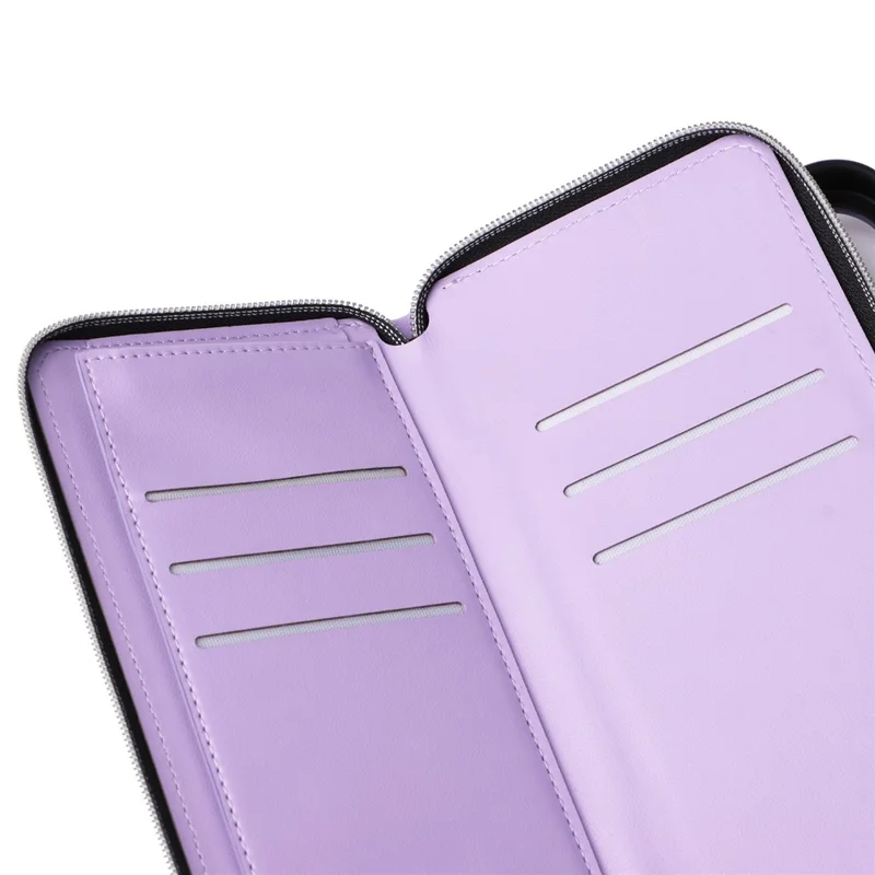 For iPhone 14 / 13 Case Rhombus Zipper Leather Stand Wallet Phone Cover with 2 Straps - Purple