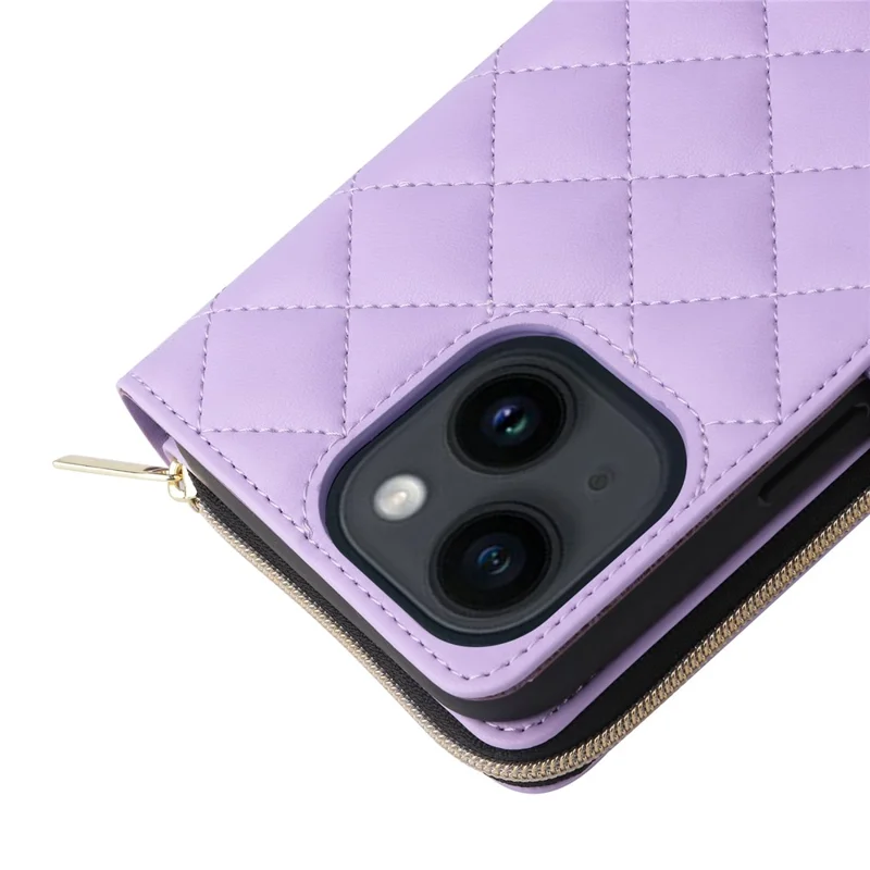For iPhone 14 / 13 Case Rhombus Zipper Leather Stand Wallet Phone Cover with 2 Straps - Purple