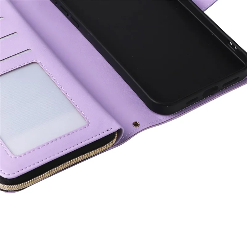 For iPhone 14 / 13 Case Rhombus Zipper Leather Stand Wallet Phone Cover with 2 Straps - Purple