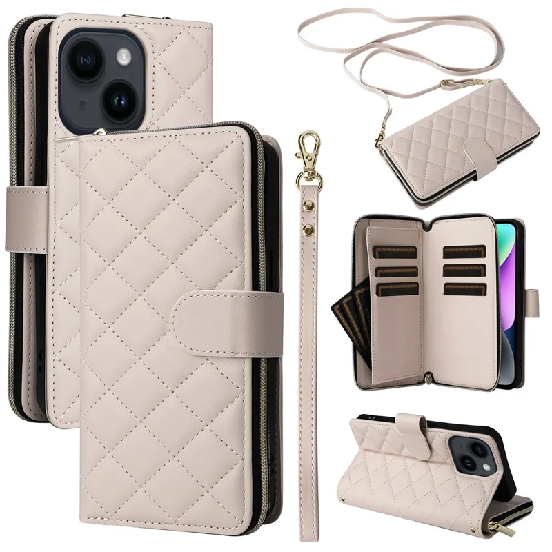For iPhone 14 / 13 Case Rhombus Zipper Leather Stand Wallet Phone Cover with 2 Straps - Beige