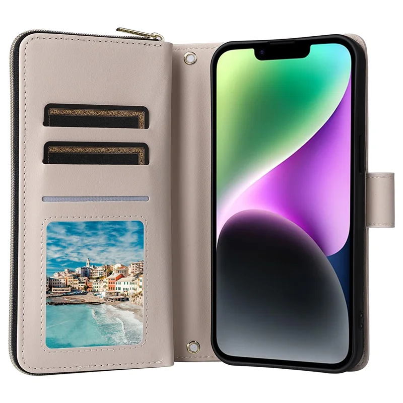 For iPhone 14 / 13 Case Rhombus Zipper Leather Stand Wallet Phone Cover with 2 Straps - Beige