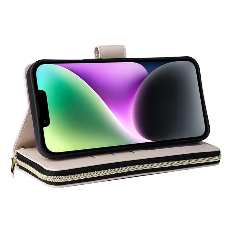 For iPhone 14 / 13 Case Rhombus Zipper Leather Stand Wallet Phone Cover with 2 Straps - Beige