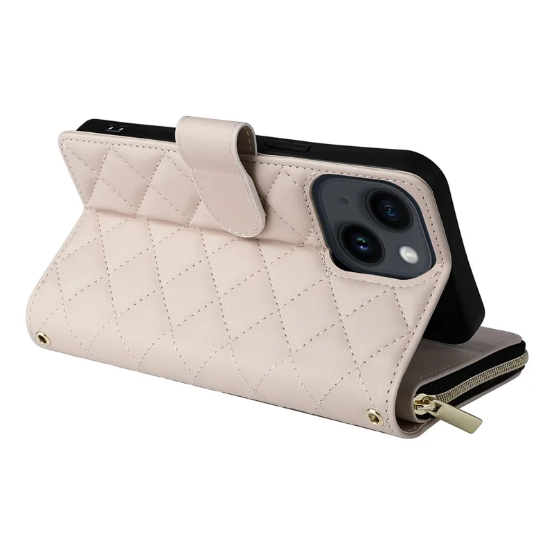 For iPhone 14 / 13 Case Rhombus Zipper Leather Stand Wallet Phone Cover with 2 Straps - Beige