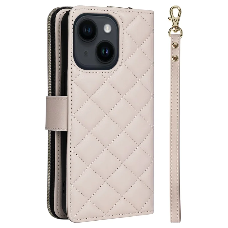 For iPhone 14 / 13 Case Rhombus Zipper Leather Stand Wallet Phone Cover with 2 Straps - Beige