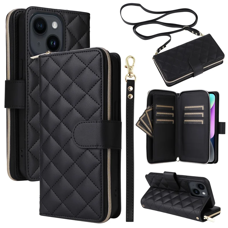 For iPhone 14 / 13 Case Rhombus Zipper Leather Stand Wallet Phone Cover with 2 Straps - Black