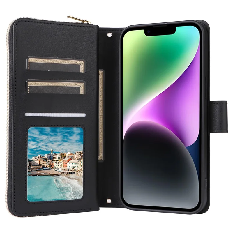 For iPhone 14 / 13 Case Rhombus Zipper Leather Stand Wallet Phone Cover with 2 Straps - Black