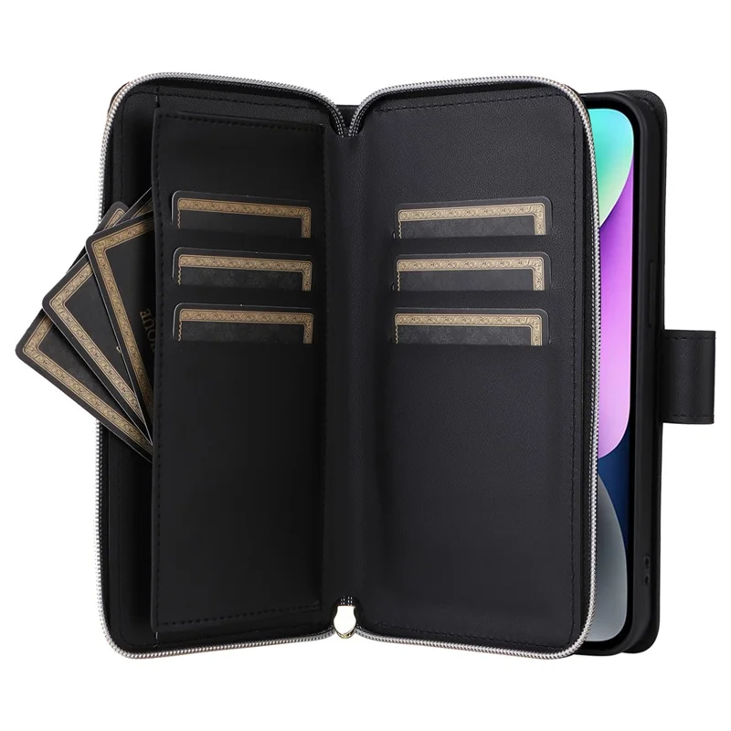 For iPhone 14 / 13 Case Rhombus Zipper Leather Stand Wallet Phone Cover with 2 Straps - Black