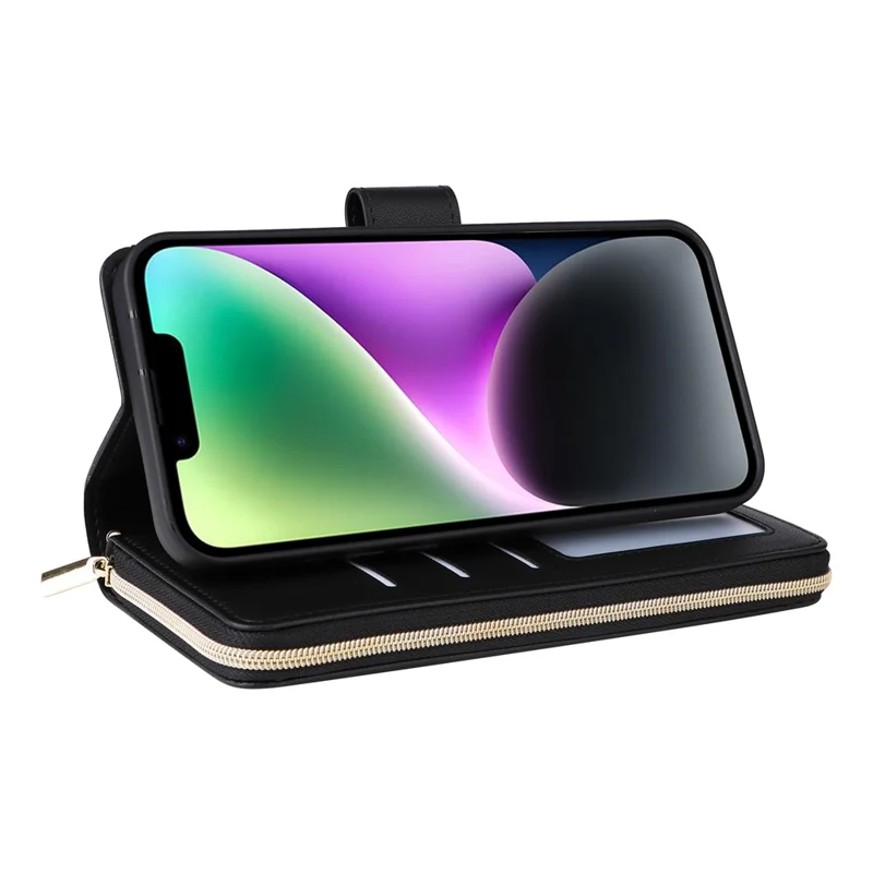 For iPhone 14 / 13 Case Rhombus Zipper Leather Stand Wallet Phone Cover with 2 Straps - Black