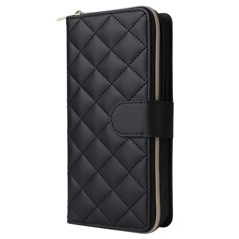 For iPhone 14 / 13 Case Rhombus Zipper Leather Stand Wallet Phone Cover with 2 Straps - Black