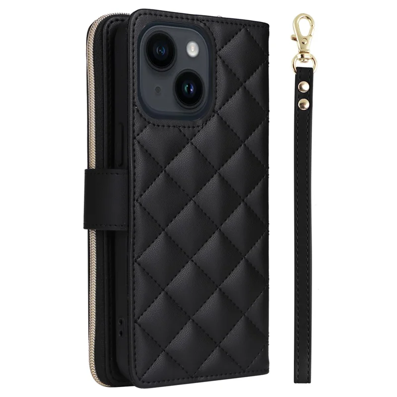 For iPhone 14 / 13 Case Rhombus Zipper Leather Stand Wallet Phone Cover with 2 Straps - Black