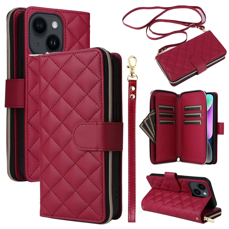 For iPhone 14 / 13 Case Rhombus Zipper Leather Stand Wallet Phone Cover with 2 Straps - Wine Red