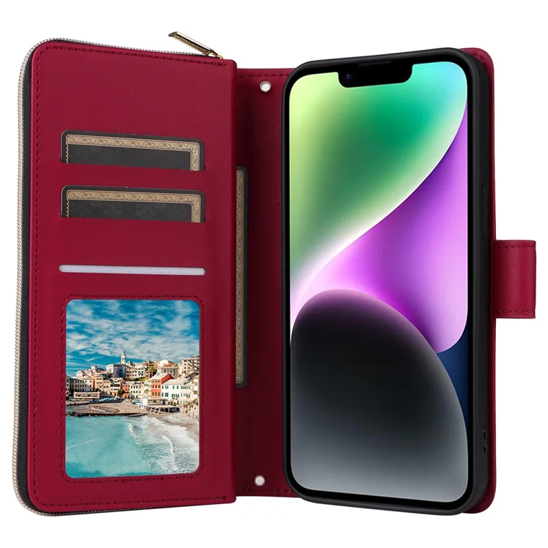 For iPhone 14 / 13 Case Rhombus Zipper Leather Stand Wallet Phone Cover with 2 Straps - Wine Red