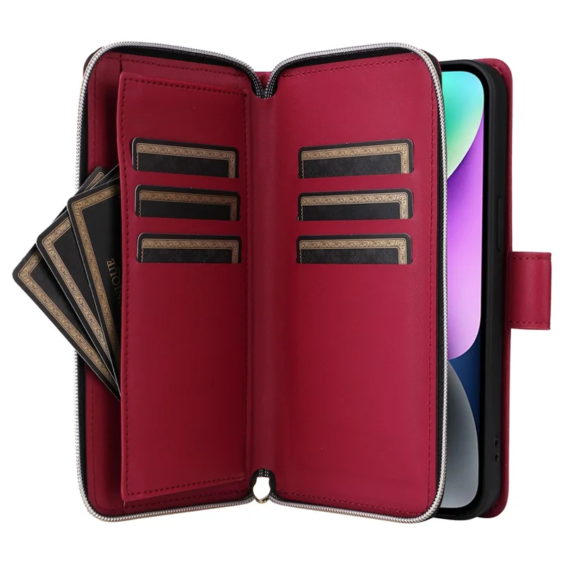 For iPhone 14 / 13 Case Rhombus Zipper Leather Stand Wallet Phone Cover with 2 Straps - Wine Red