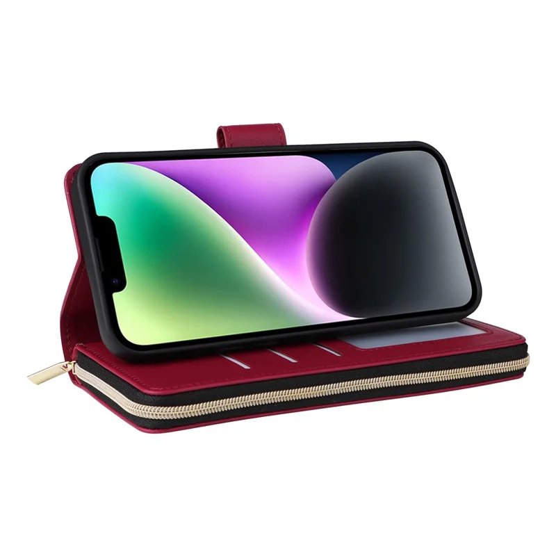 For iPhone 14 / 13 Case Rhombus Zipper Leather Stand Wallet Phone Cover with 2 Straps - Wine Red