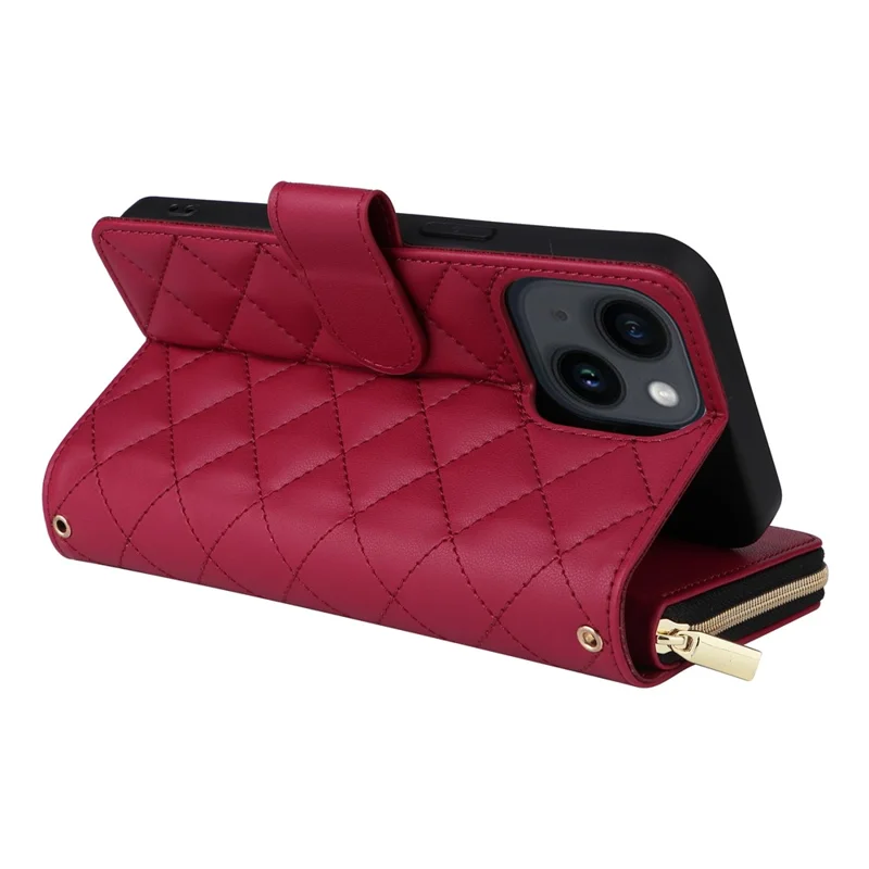 For iPhone 14 / 13 Case Rhombus Zipper Leather Stand Wallet Phone Cover with 2 Straps - Wine Red