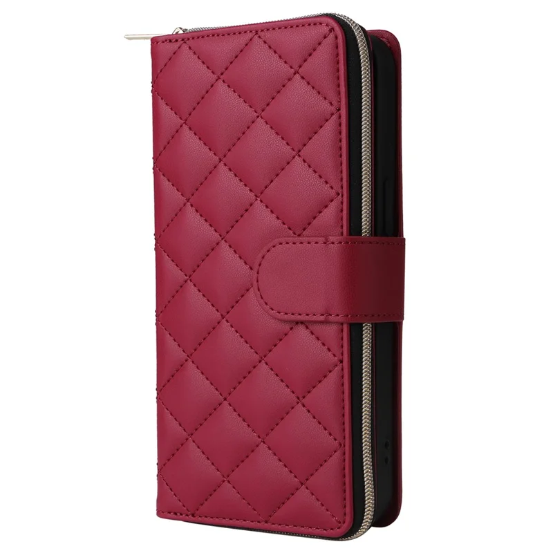 For iPhone 14 / 13 Case Rhombus Zipper Leather Stand Wallet Phone Cover with 2 Straps - Wine Red
