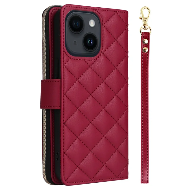 For iPhone 14 / 13 Case Rhombus Zipper Leather Stand Wallet Phone Cover with 2 Straps - Wine Red