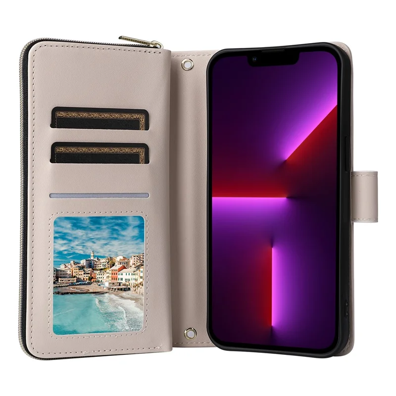 For iPhone 13 Pro Case Wallet PU Leather Rhombus Stand Anti-Fall Phone Cover - Beige