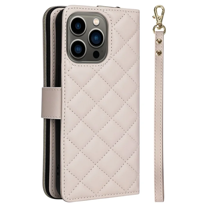 For iPhone 13 Pro Case Wallet PU Leather Rhombus Stand Anti-Fall Phone Cover - Beige