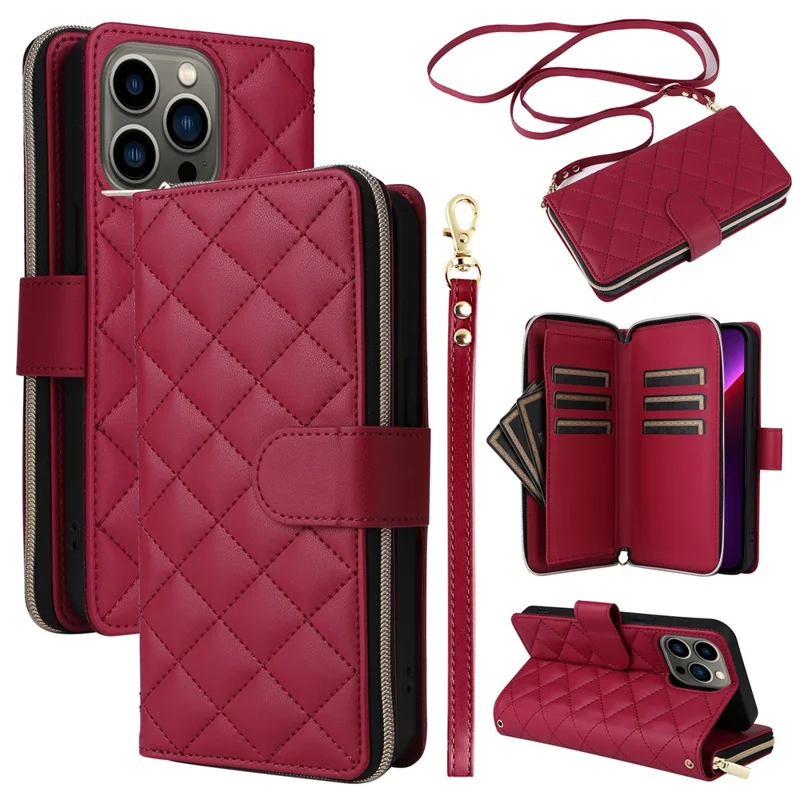 For iPhone 13 Pro Case Wallet PU Leather Rhombus Stand Anti-Fall Phone Cover - Wine Red