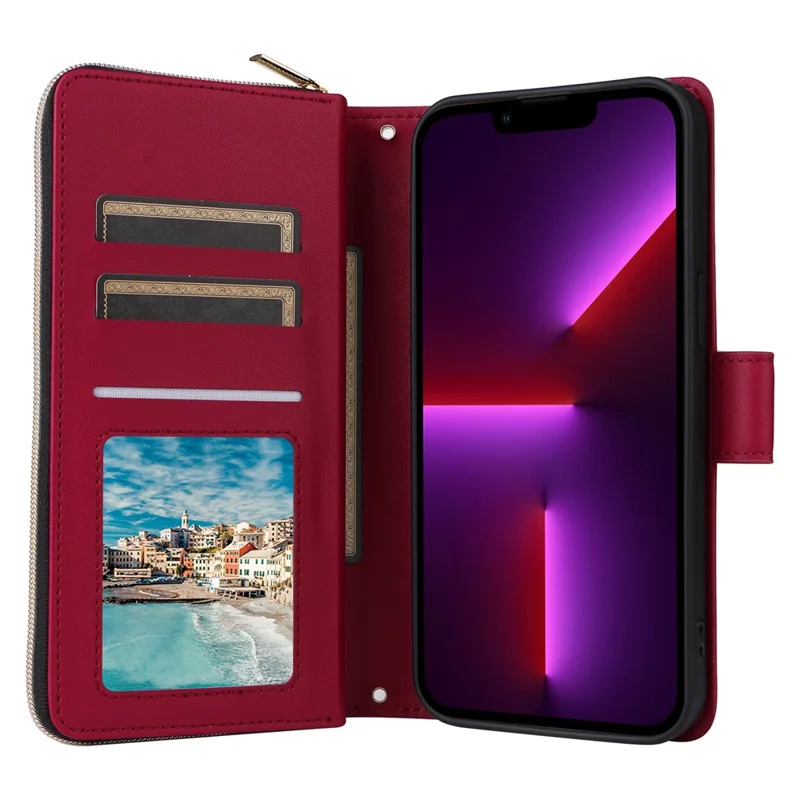 For iPhone 13 Pro Case Wallet PU Leather Rhombus Stand Anti-Fall Phone Cover - Wine Red