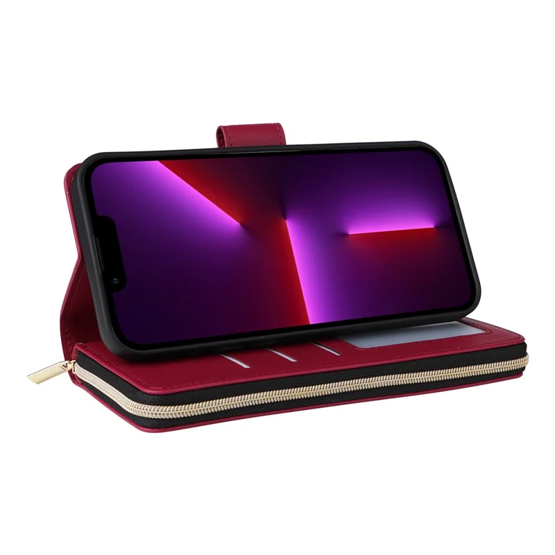 For iPhone 13 Pro Case Wallet PU Leather Rhombus Stand Anti-Fall Phone Cover - Wine Red