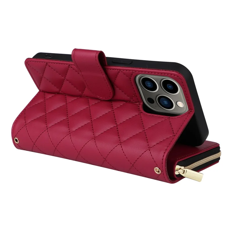 For iPhone 13 Pro Case Wallet PU Leather Rhombus Stand Anti-Fall Phone Cover - Wine Red