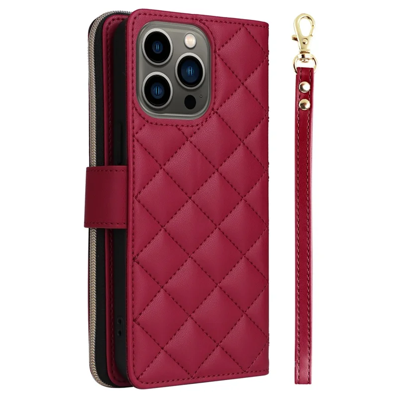 For iPhone 13 Pro Case Wallet PU Leather Rhombus Stand Anti-Fall Phone Cover - Wine Red
