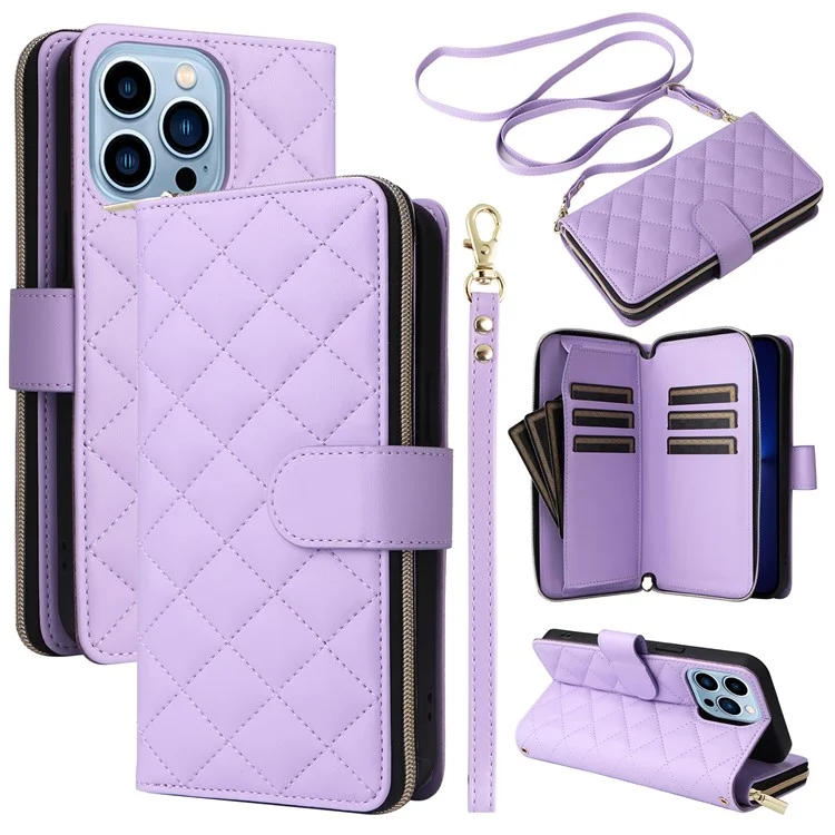 Funda para iPhone 13 Pro Max Caso de Cuero de PU Rombo Soporte Anti-Caída Cartera Funda de Teléfono - Púrpura