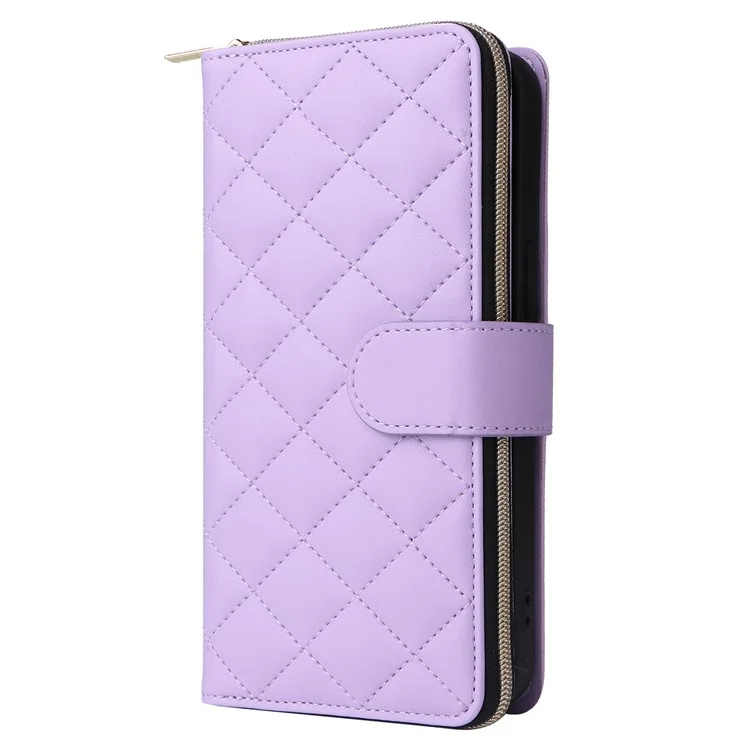 Funda para iPhone 13 Pro Max Caso de Cuero de PU Rombo Soporte Anti-Caída Cartera Funda de Teléfono - Púrpura