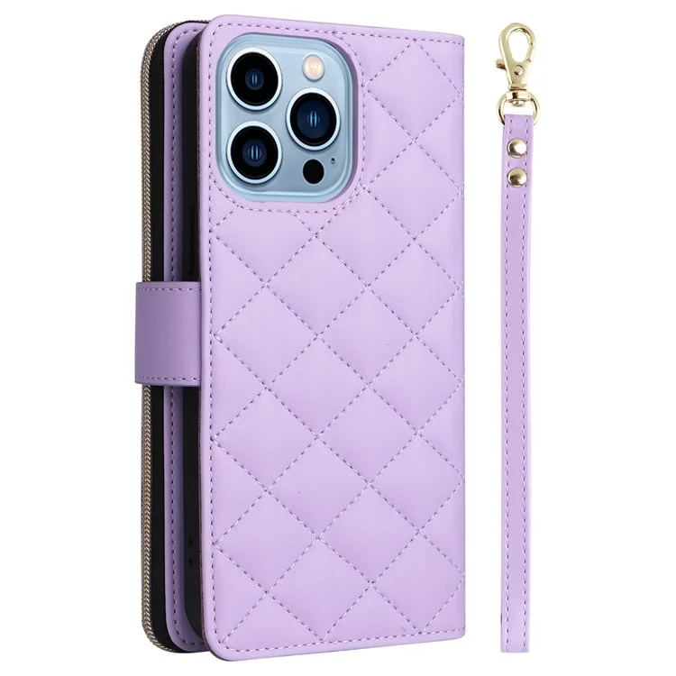 Funda para iPhone 13 Pro Max Caso de Cuero de PU Rombo Soporte Anti-Caída Cartera Funda de Teléfono - Púrpura