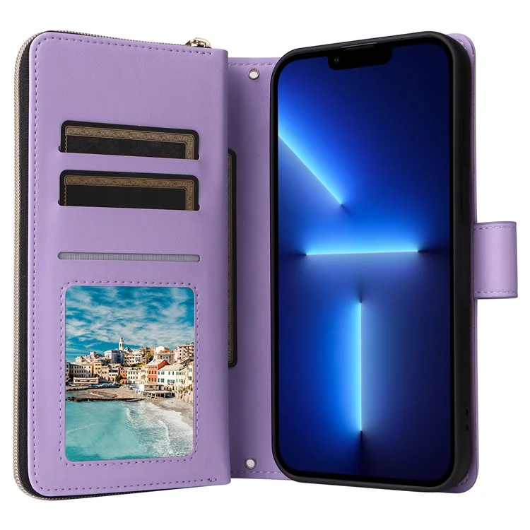 Funda para iPhone 13 Pro Max Caso de Cuero de PU Rombo Soporte Anti-Caída Cartera Funda de Teléfono - Púrpura
