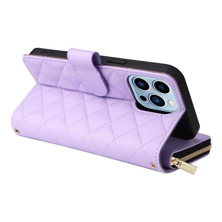 Funda para iPhone 13 Pro Max Caso de Cuero de PU Rombo Soporte Anti-Caída Cartera Funda de Teléfono - Púrpura