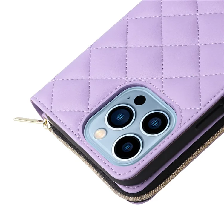 Funda para iPhone 13 Pro Max Caso de Cuero de PU Rombo Soporte Anti-Caída Cartera Funda de Teléfono - Púrpura